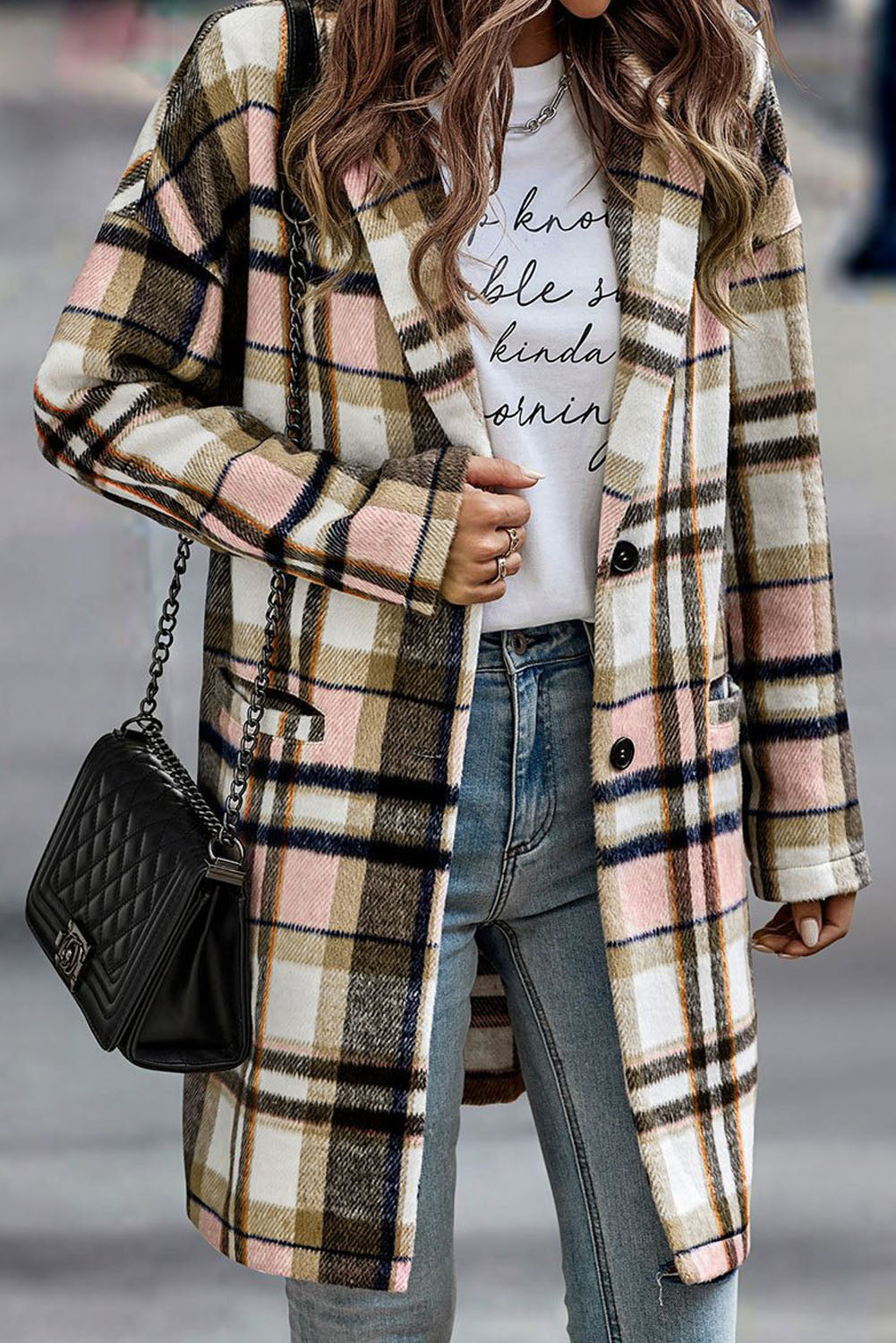 Chaqueta con solapa abotonada de cuadros escoceses rosas