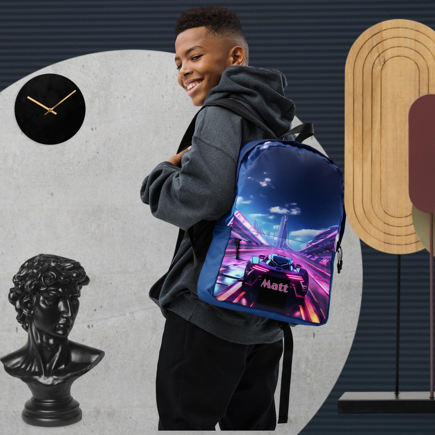 Neon Futuristic Race Car Custom Name Backpack