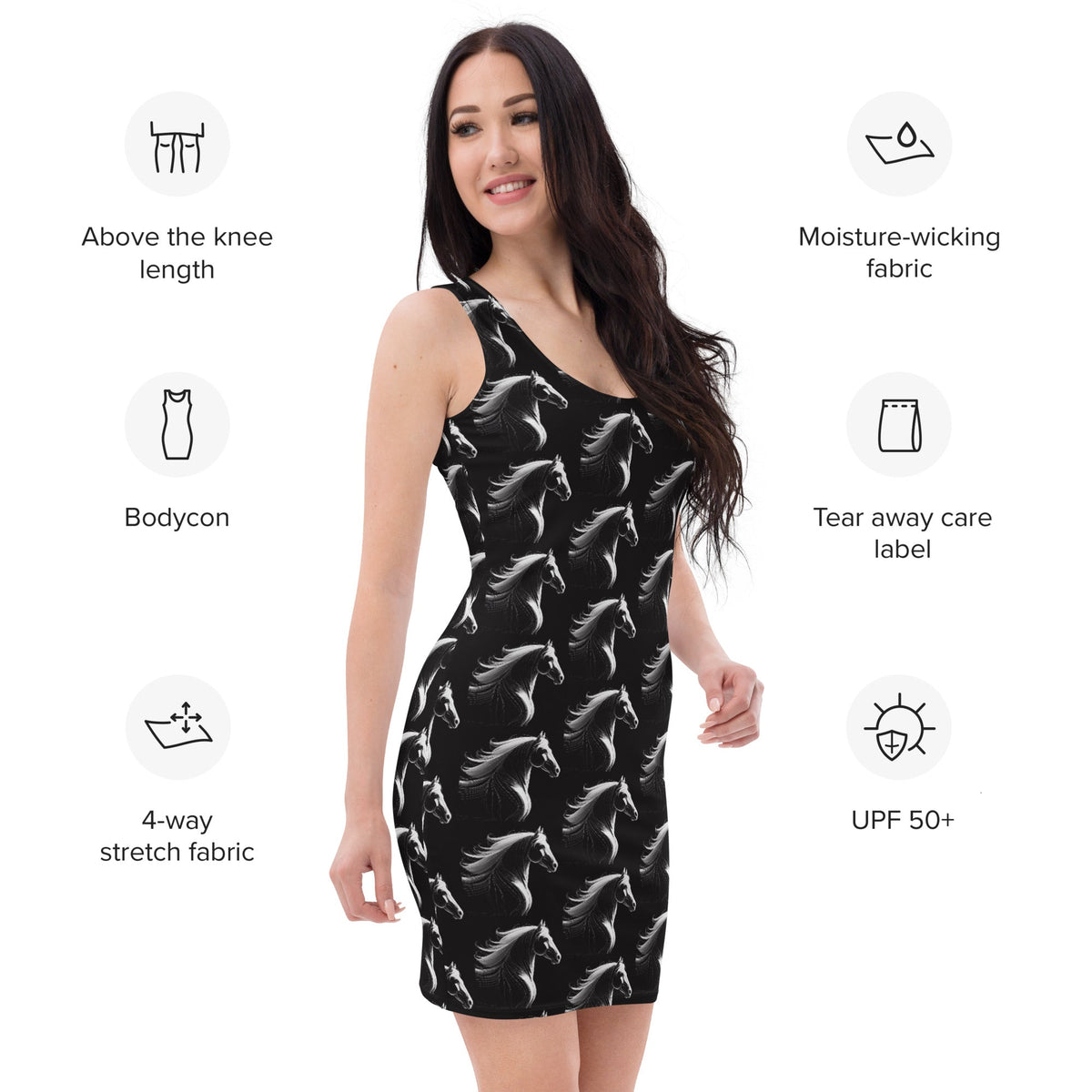 Flowing White Horses Printed Black Bodycon Short Dress
