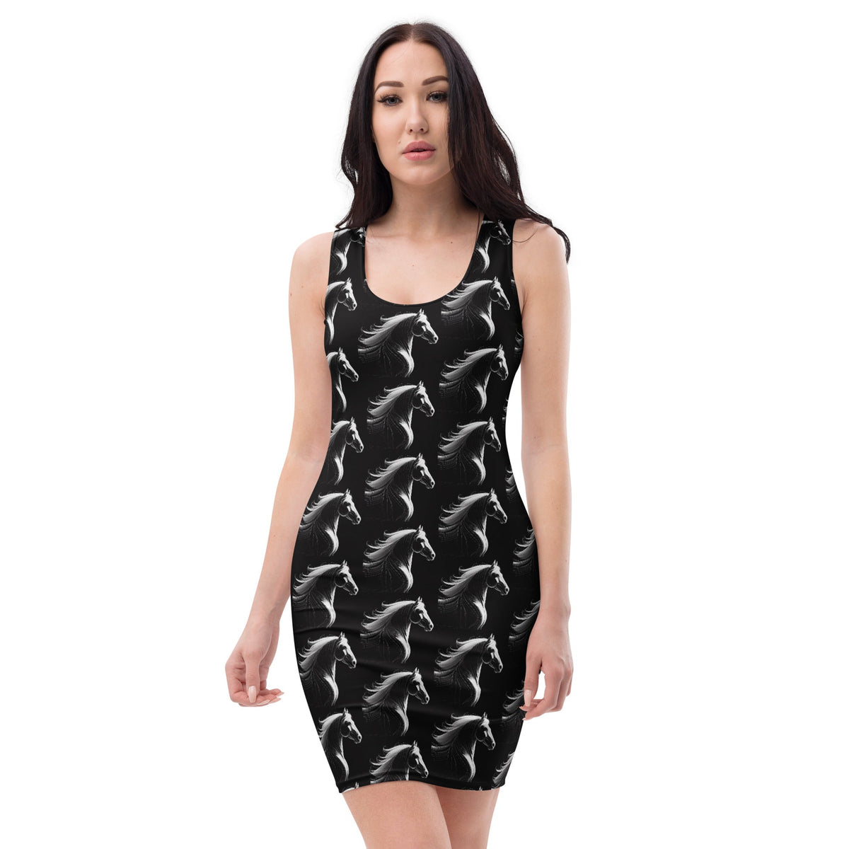 Flowing White Horses Printed Black Bodycon Short Dress
