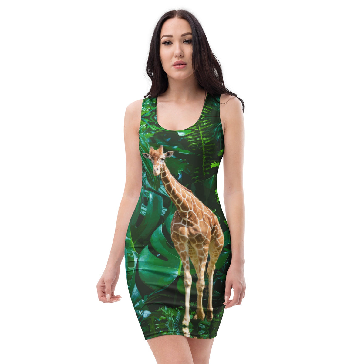 Tall Giraffe Surrounded by Greenery Bodycon Short Dress