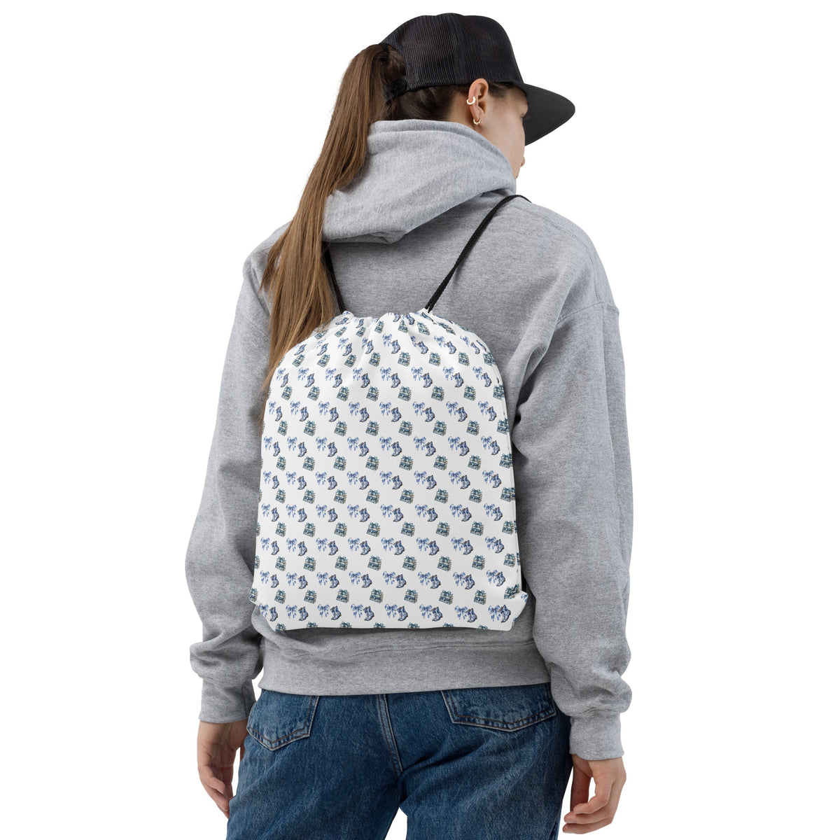 Blue Toile Vintage Drawstring bag