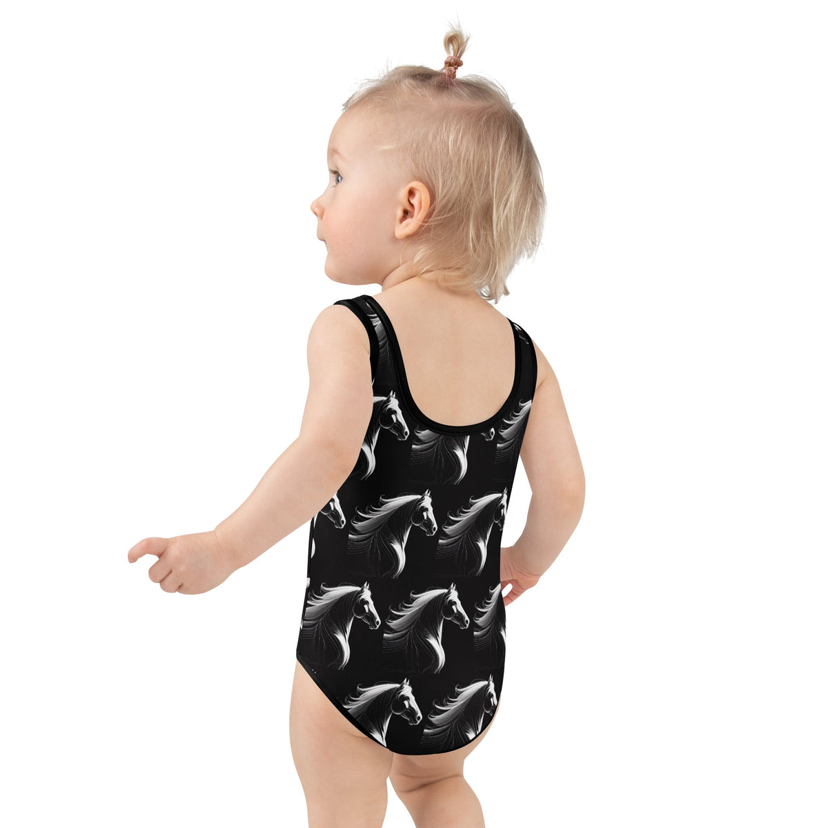 White Horses on Black All-Over Print Kids Swimsuit