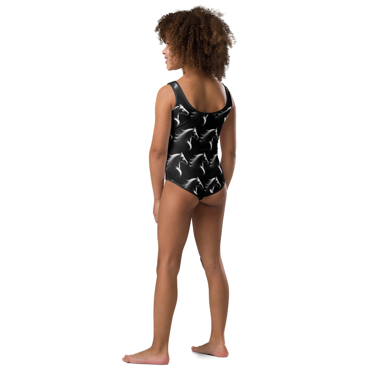 White Horses on Black All-Over Print Kids Swimsuit