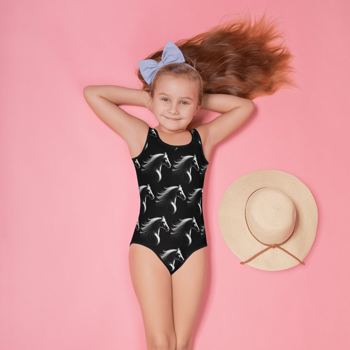 White Horses on Black All-Over Print Kids Swimsuit