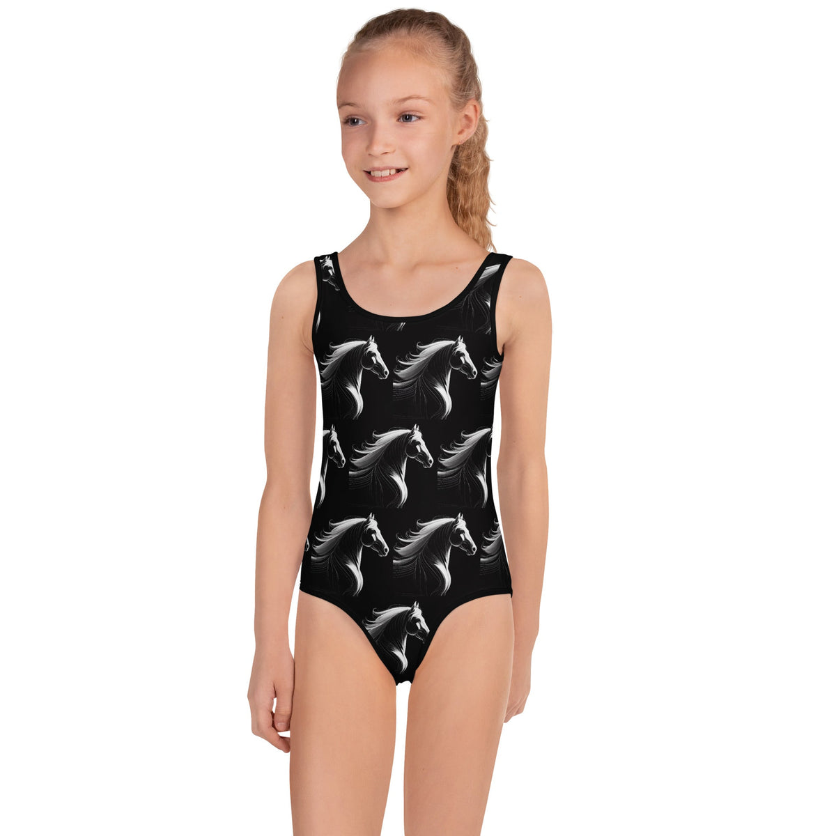 White Horses on Black All-Over Print Kids Swimsuit