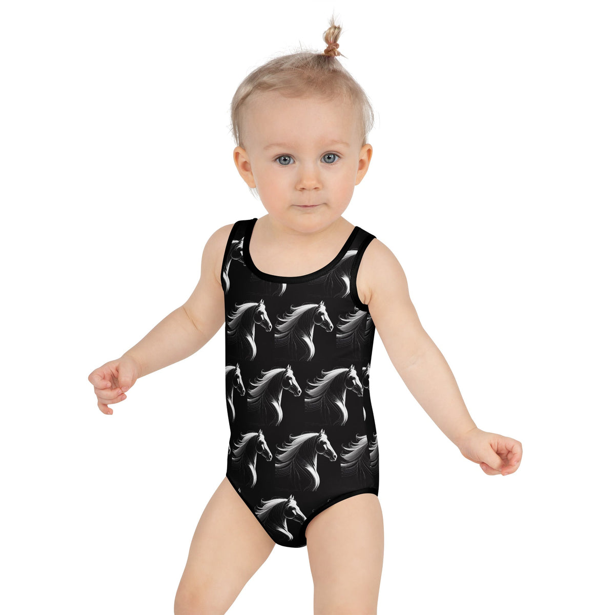 White Horses on Black All-Over Print Kids Swimsuit