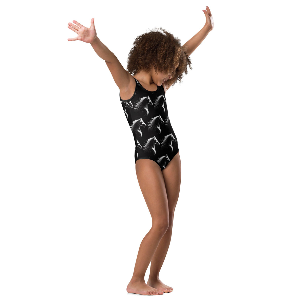 White Horses on Black All-Over Print Kids Swimsuit