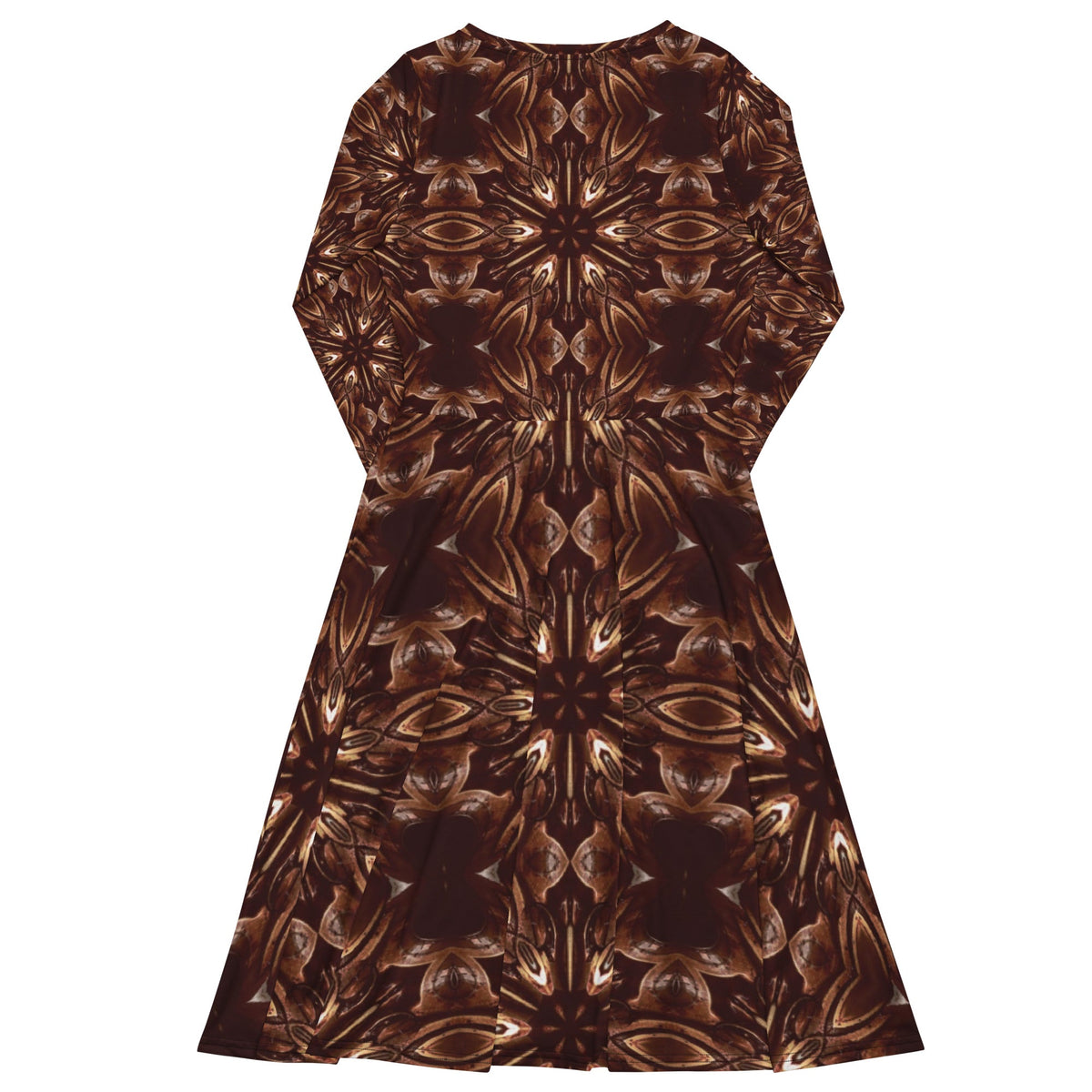 Steamy Brown Steampunk Printed Long Sleeve Midi Dress