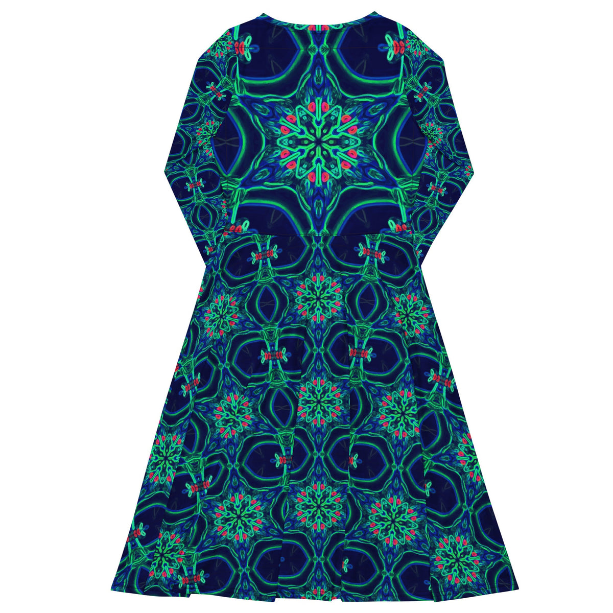 Green Neon Star on Navy Long Sleeve Midi Dress