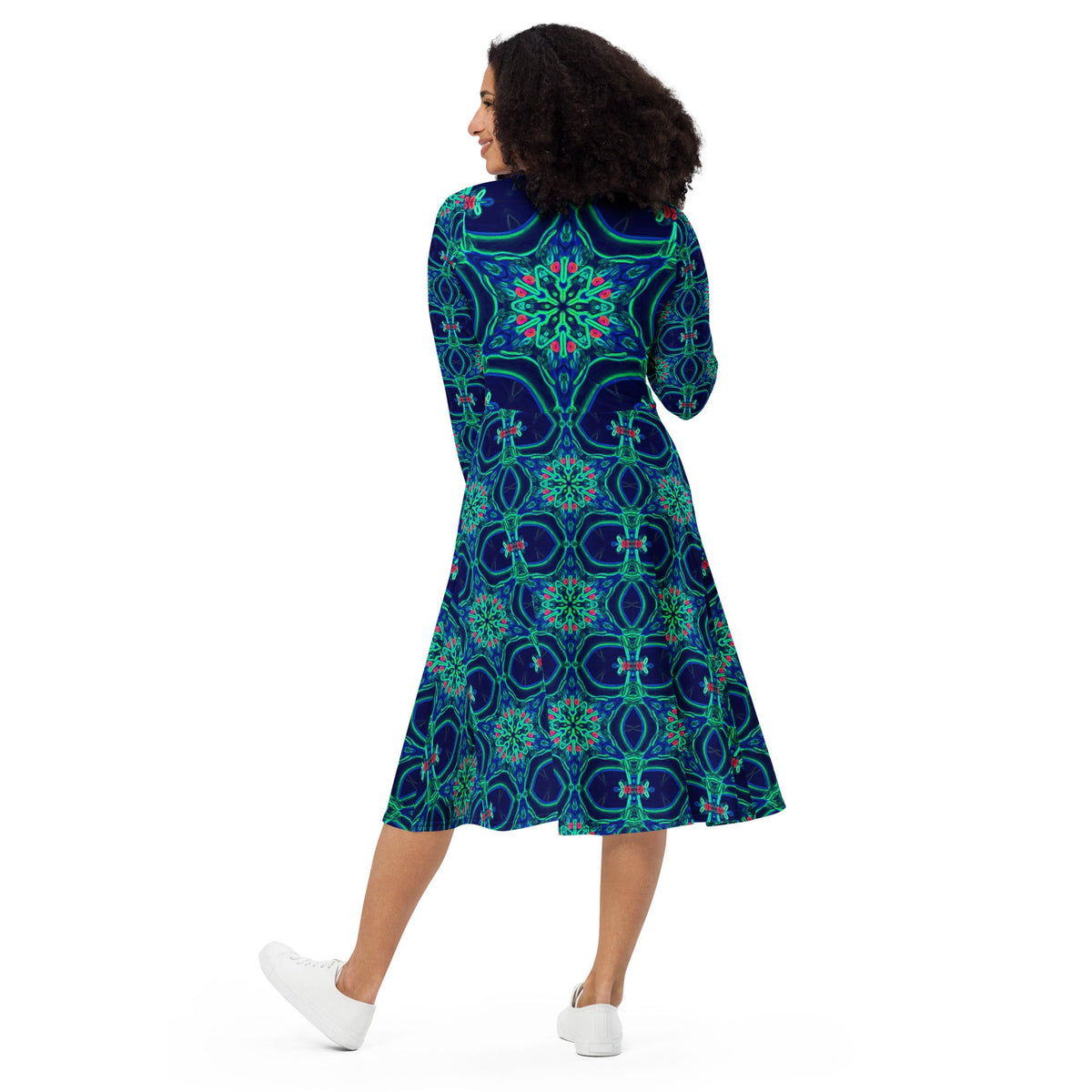 Green Neon Star on Navy Long Sleeve Midi Dress