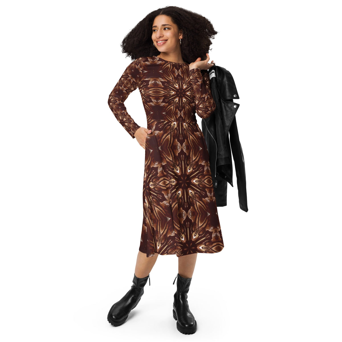 Steamy Brown Steampunk Printed Long Sleeve Midi Dress
