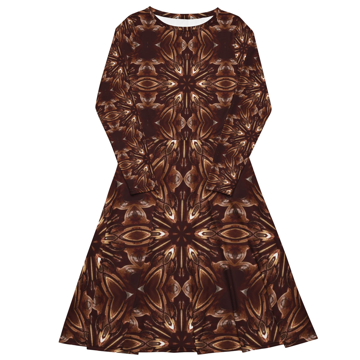 Steamy Brown Steampunk Printed Long Sleeve Midi Dress