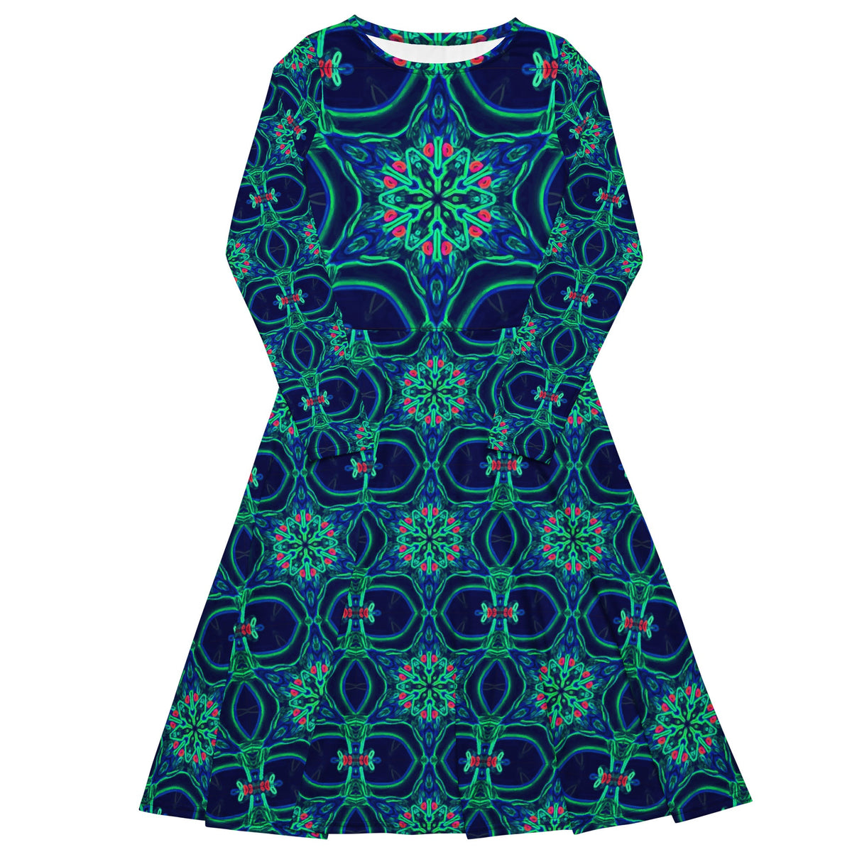 Green Neon Star on Navy Long Sleeve Midi Dress