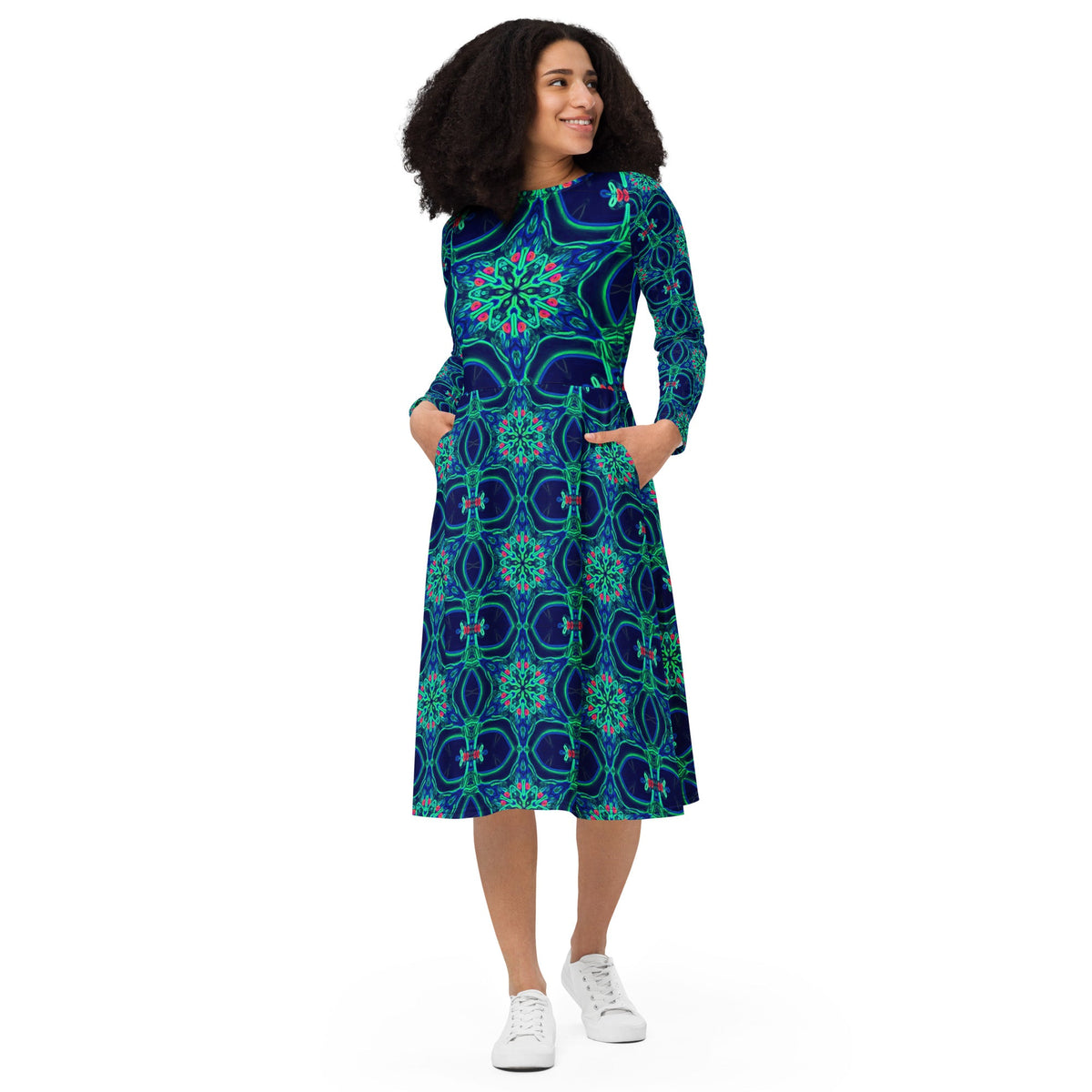 Green Neon Star on Navy Long Sleeve Midi Dress