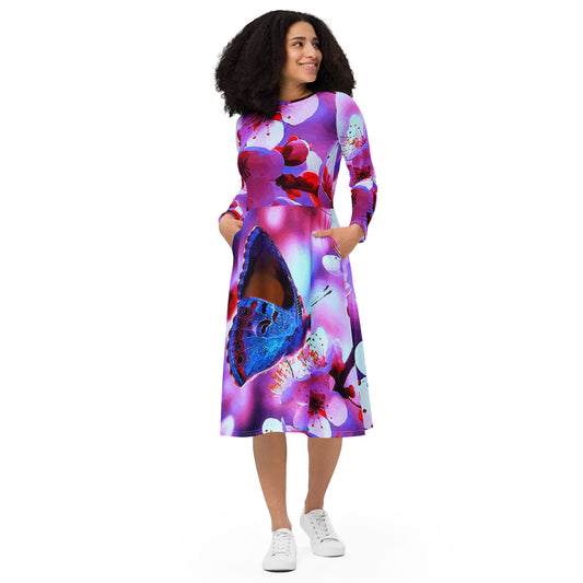 Beautiful Butterfly with Cherry Blossoms Printed Long Sleeve Midi Dress