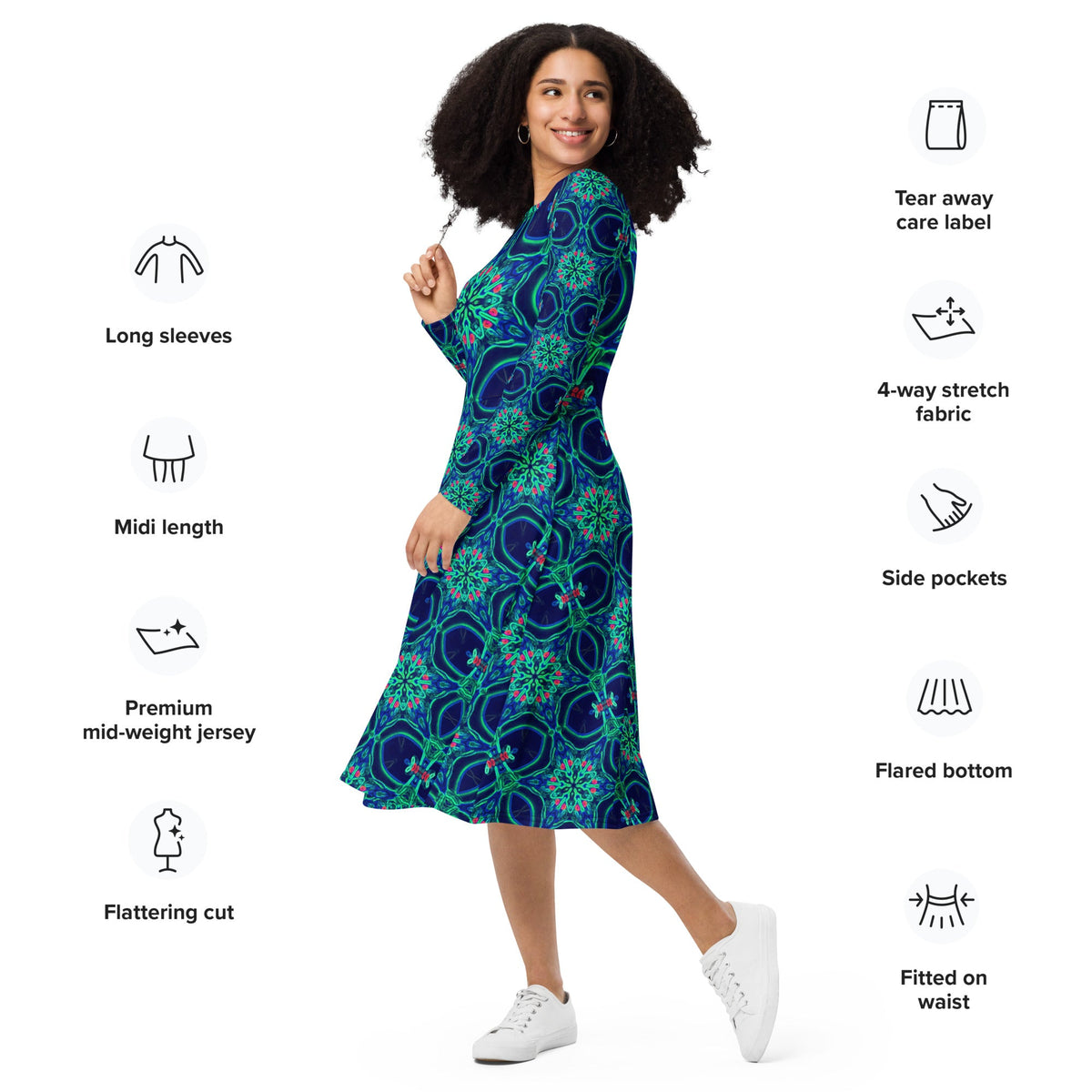 Green Neon Star on Navy Long Sleeve Midi Dress