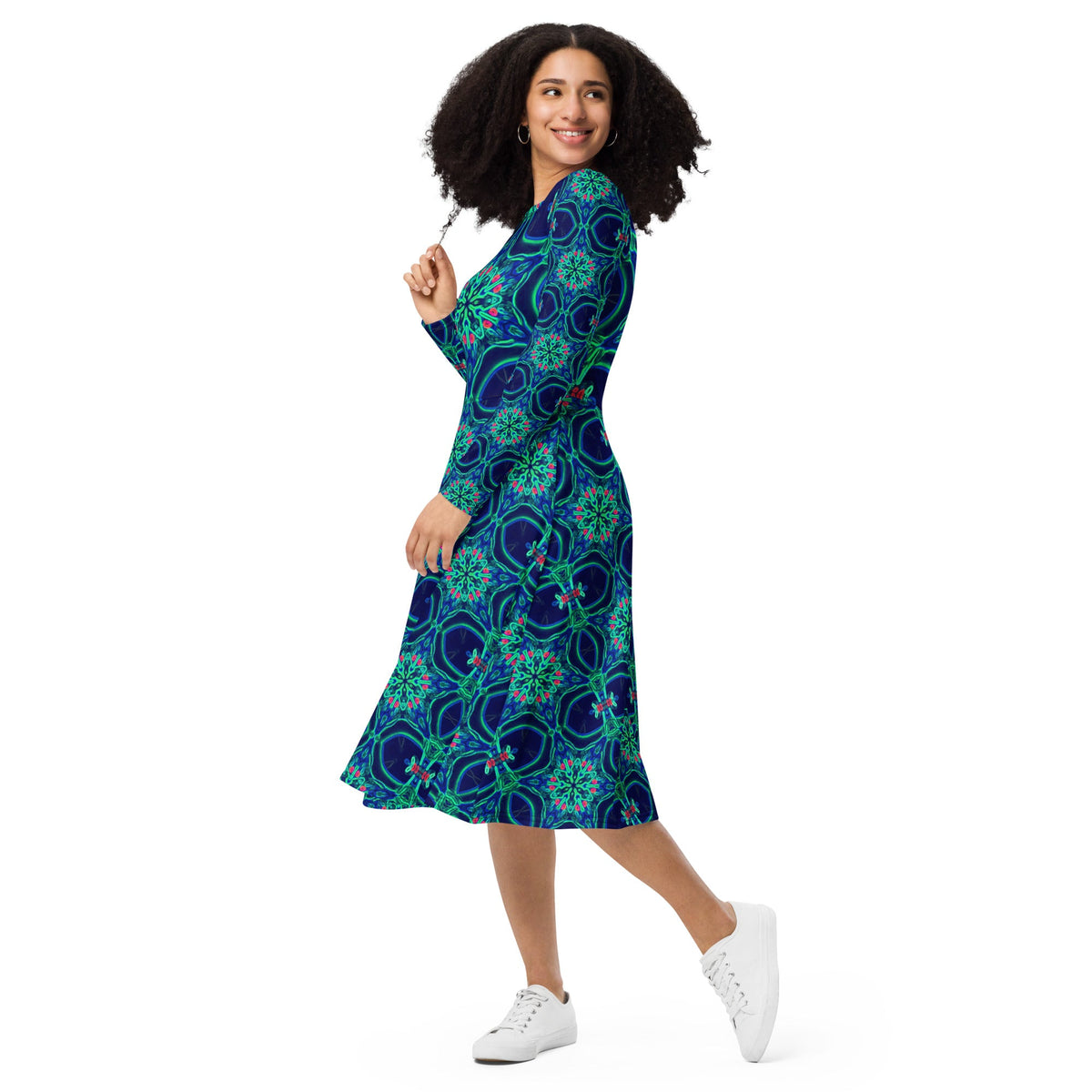 Green Neon Star on Navy Long Sleeve Midi Dress