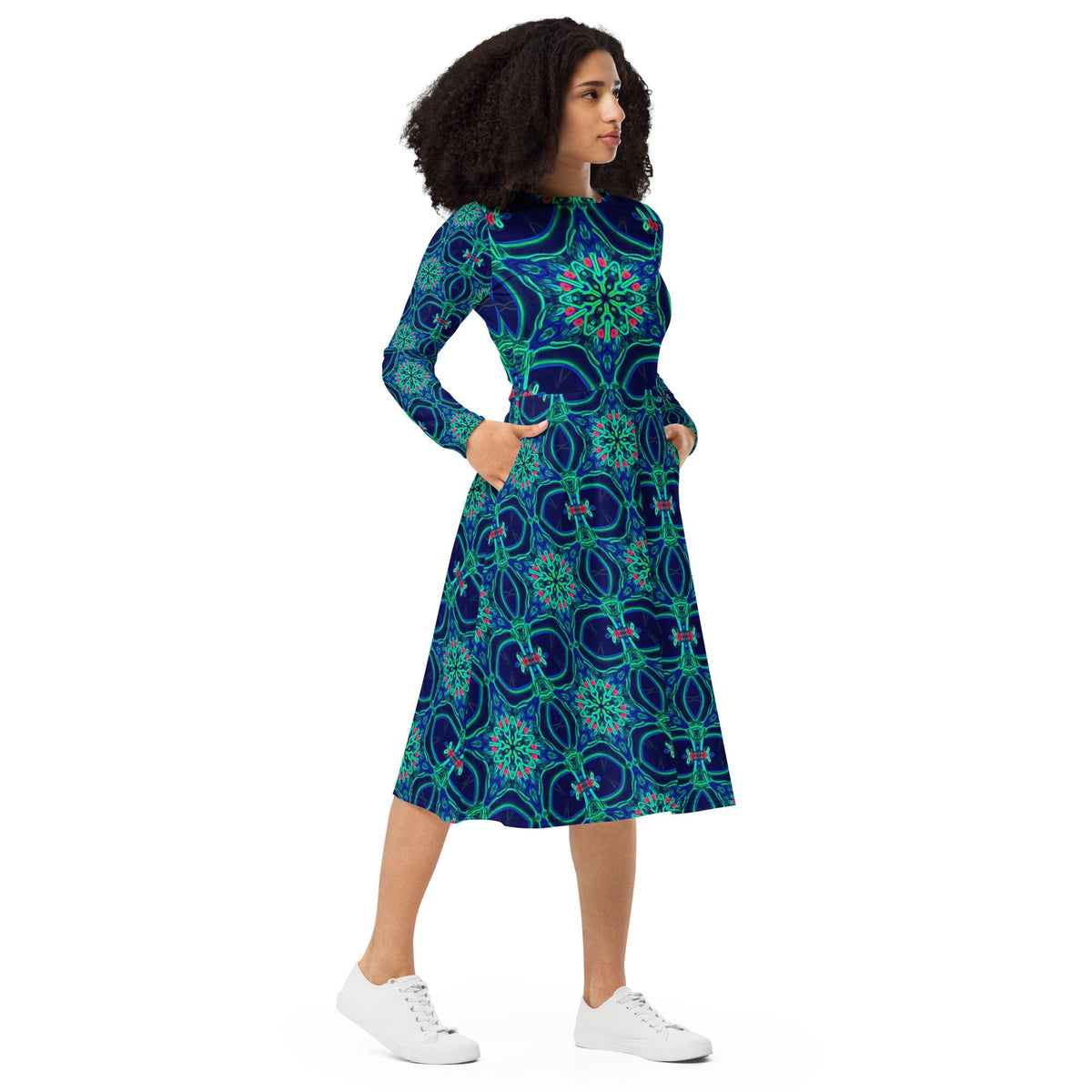 Green Neon Star on Navy Long Sleeve Midi Dress