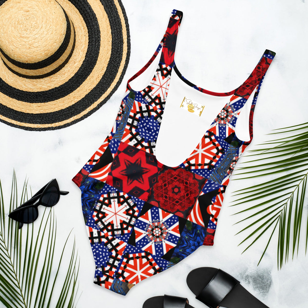 USA Patchwork Pattern One-Piece Swimsuit Beach Wear