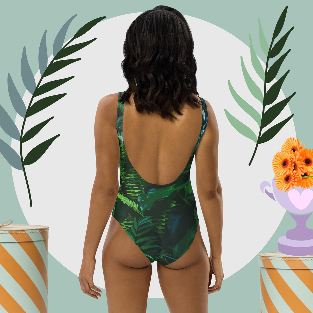 Tall Giraffe Surrounded by Greenery One-Piece Swimsuit