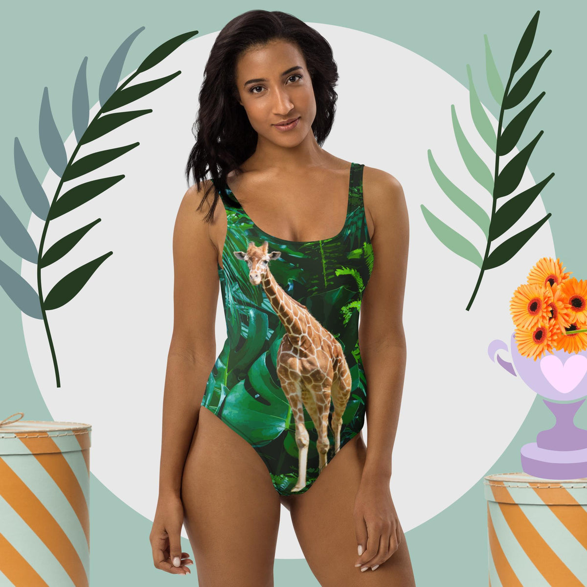 Tall Giraffe Surrounded by Greenery One-Piece Swimsuit