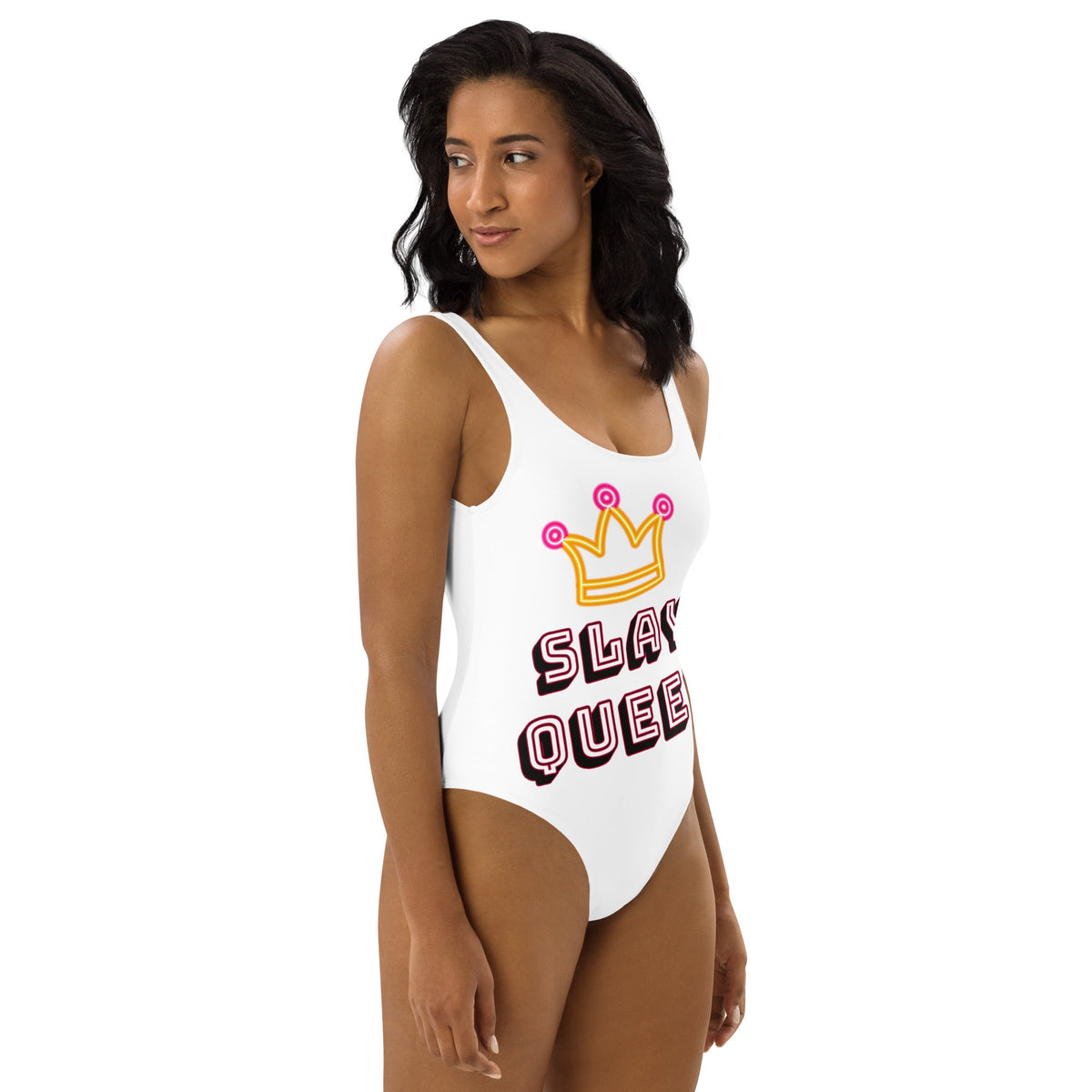 Crowned Slay Queen White One-Piece Swimsuit