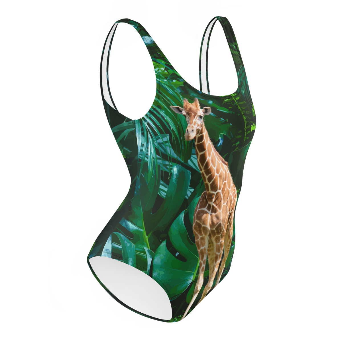 Tall Giraffe Surrounded by Greenery One-Piece Swimsuit