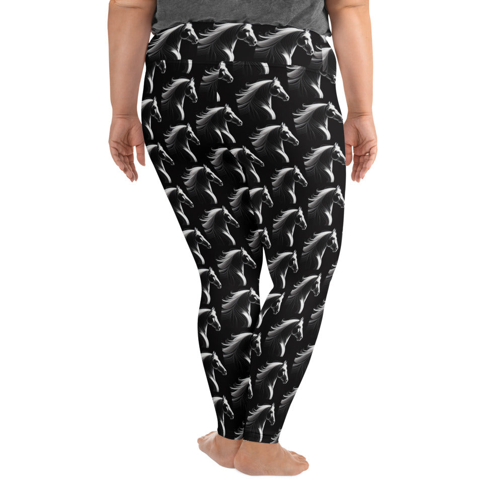 White Horse on Black Printed Plus Size Leggings