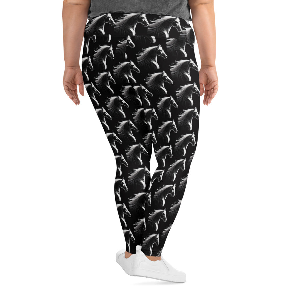 White Horse on Black Printed Plus Size Leggings
