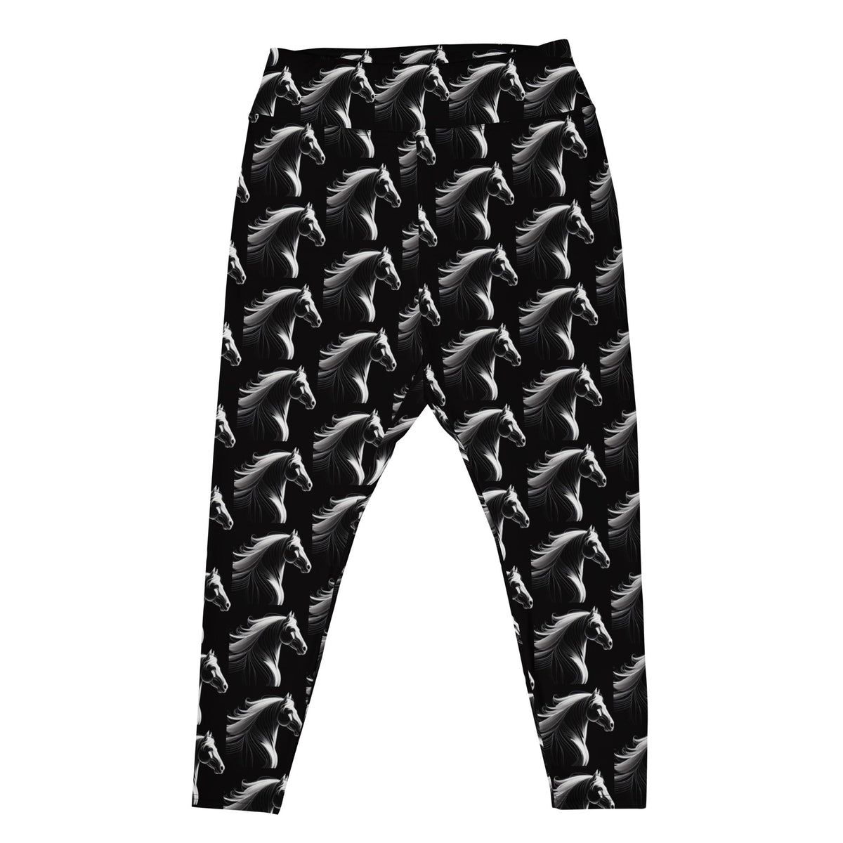 White Horse on Black Printed Plus Size Leggings