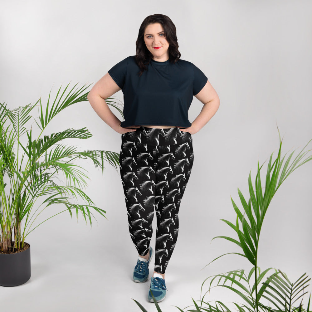 White Horse on Black Printed Plus Size Leggings