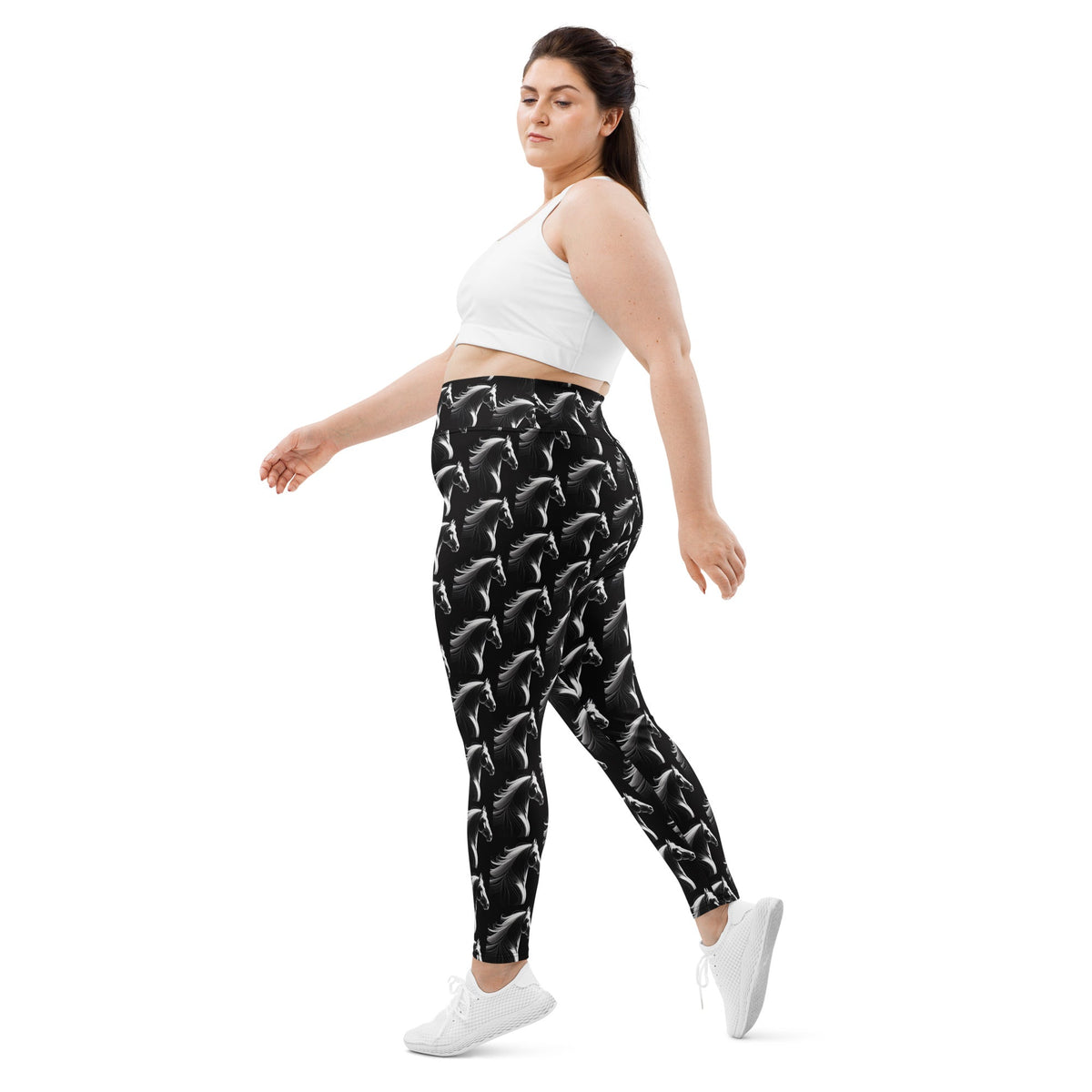 White Horse on Black Printed Plus Size Leggings