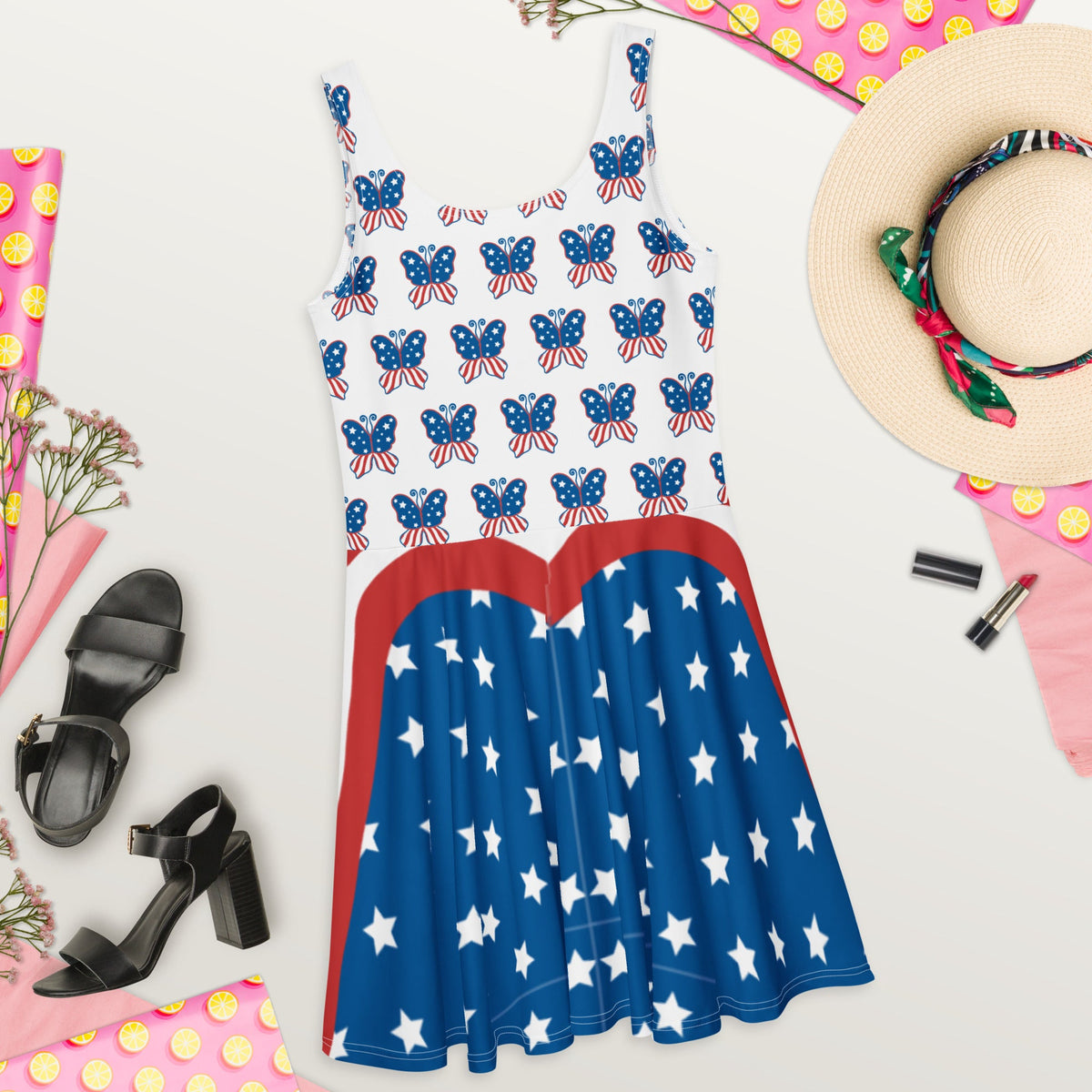 USA Red White & Blue Patriotic 4th of July Short Skater Dress