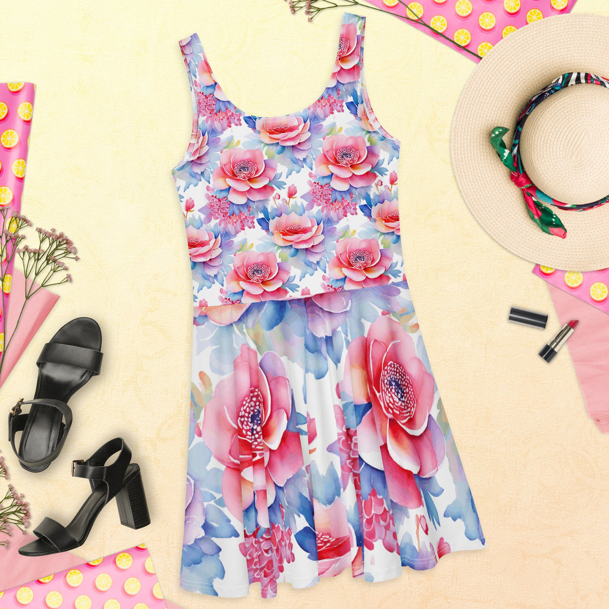 Pastel Pink and Blue Floral Short Skater Dress