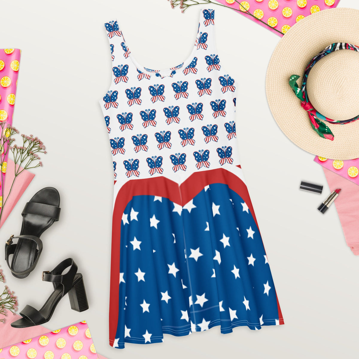 USA Red White & Blue Patriotic 4th of July Short Skater Dress