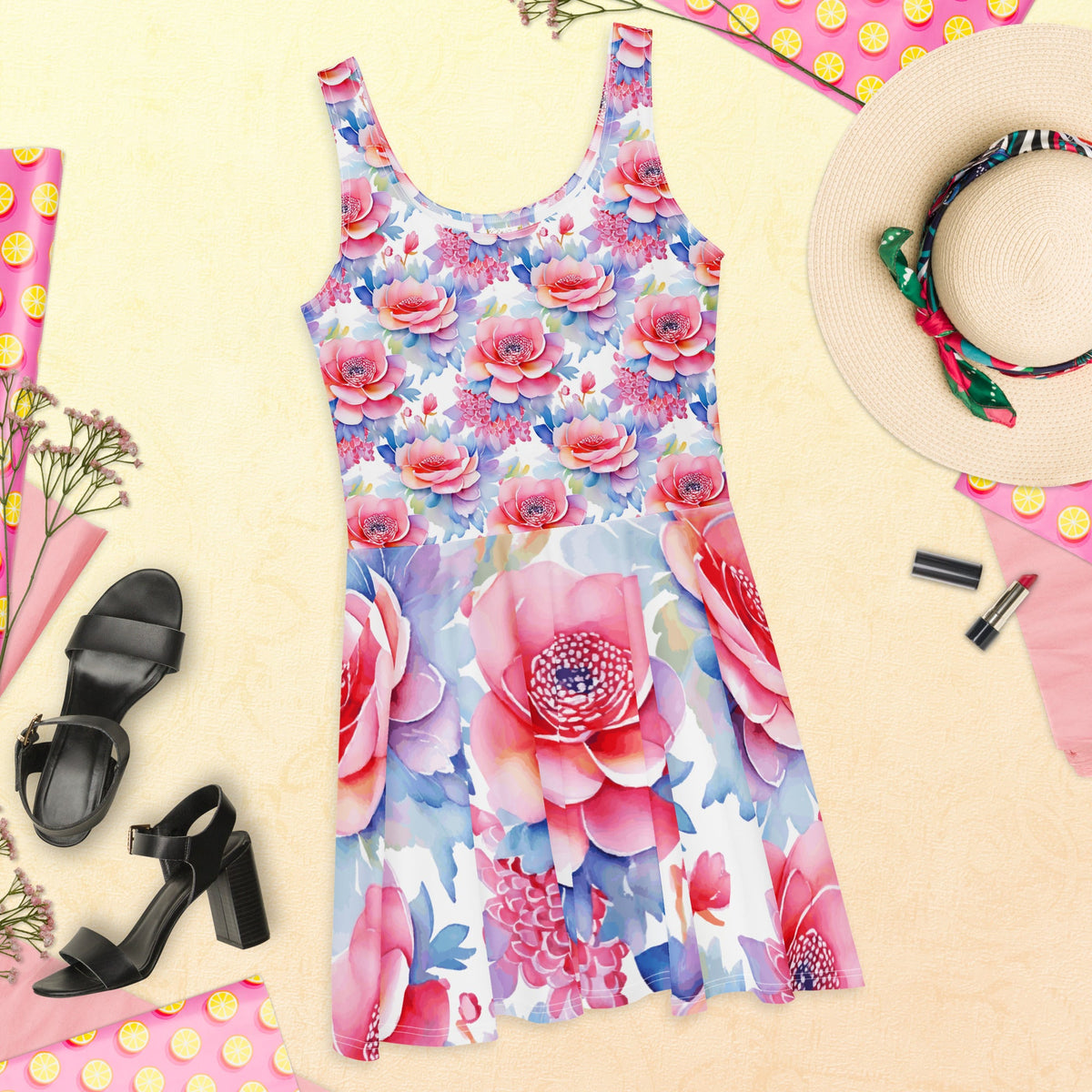 Pastel Pink and Blue Floral Short Skater Dress
