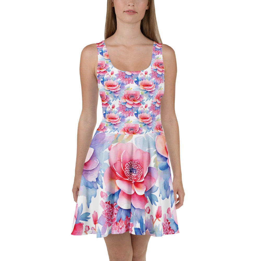 Pastel Pink and Blue Floral Short Skater Dress