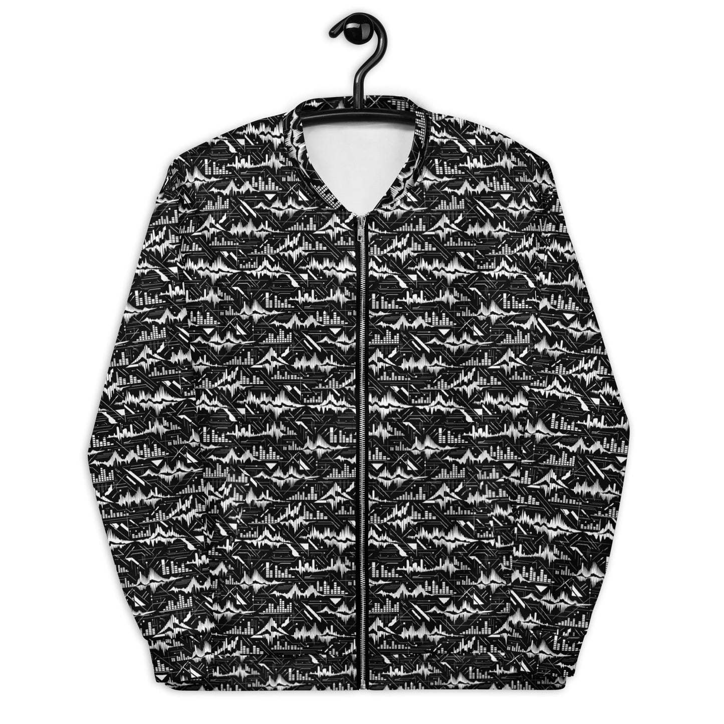 Glitch Soundwave Grid Bomber Jacket | Neo-Futurist Black White