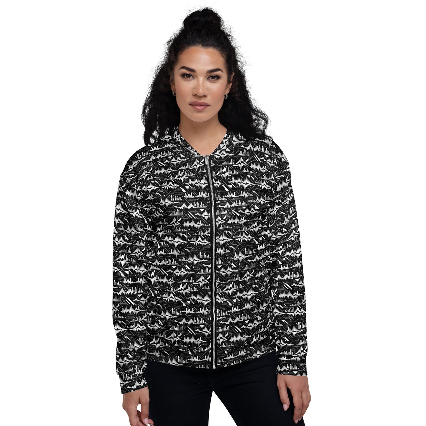 Glitch Soundwave Grid Bomber Jacket | Neo-Futurist Black White