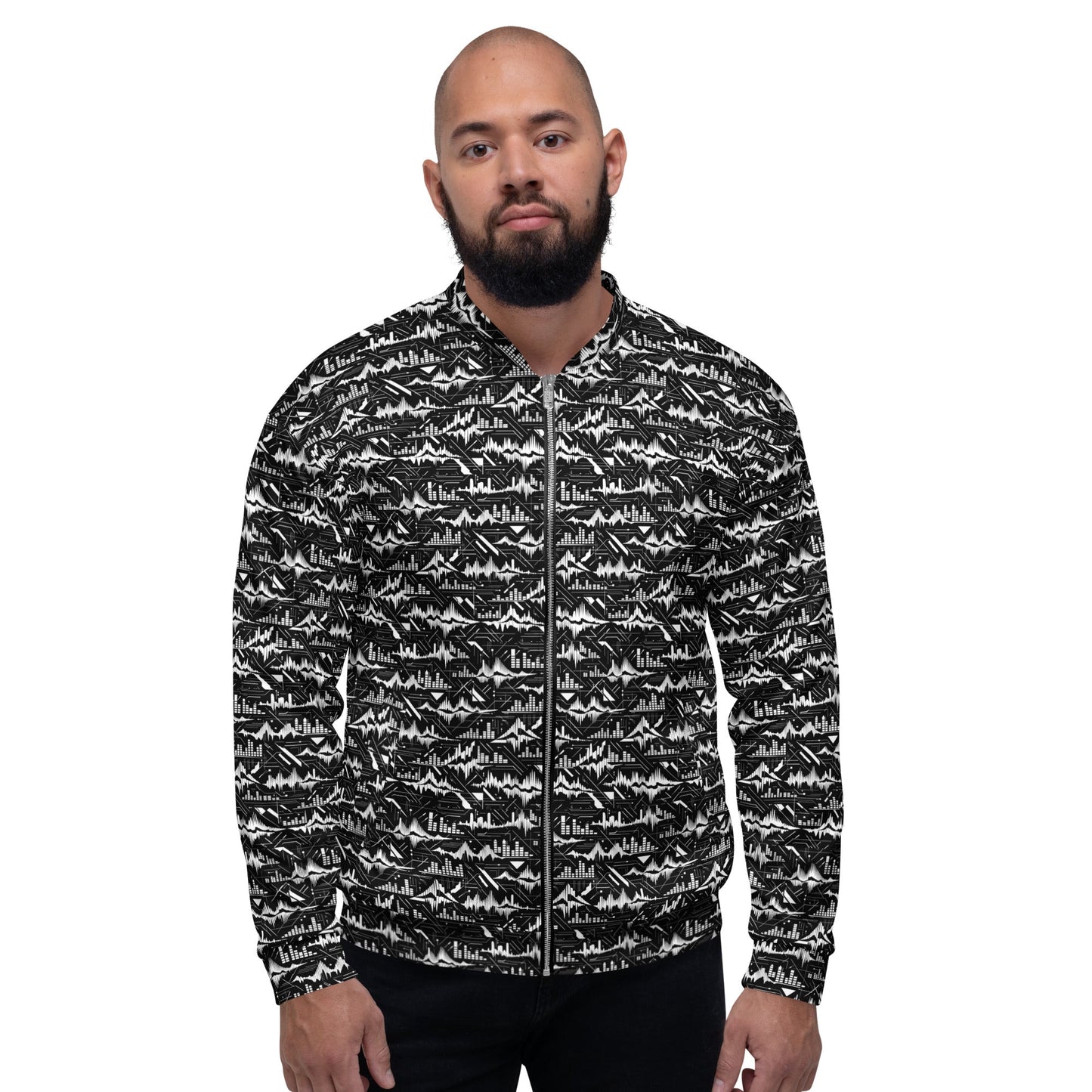 Glitch Soundwave Grid Bomber Jacket | Neo-Futurist Black White