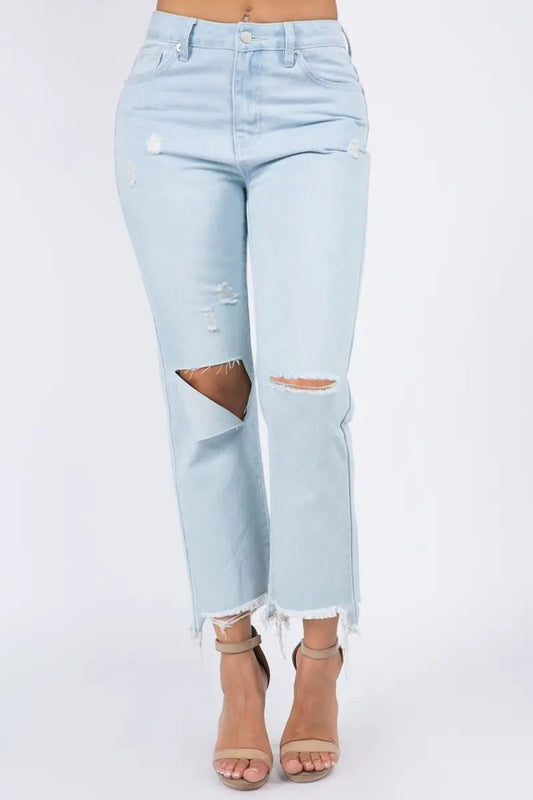 Pantalones vaqueros de mujer - Talle alto, bajo deshilachado - Vaquero