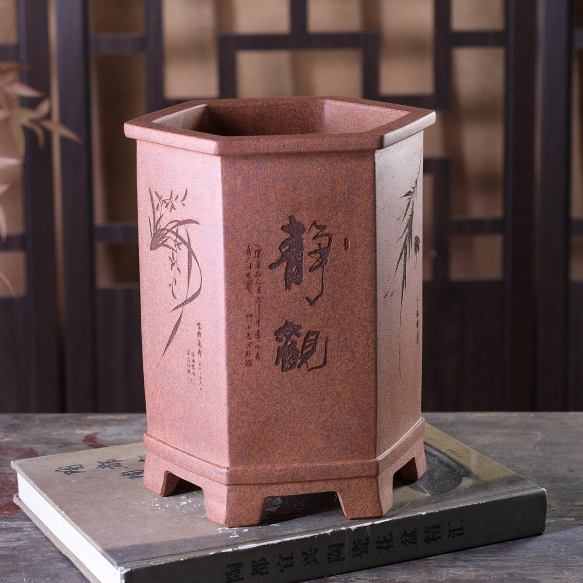 High Hexagonal Incense Cylinder Purple Clay Flower Pot Desktop Ornament
