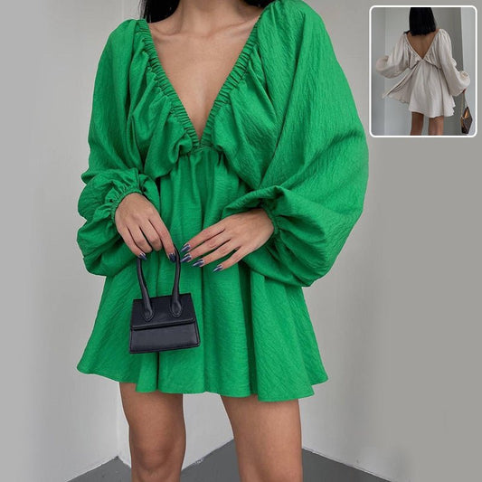 Fashionable V-neck Lantern Sleeve Dress for Women
