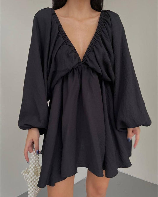 Fashionable V-neck Lantern Sleeve Dress for Women