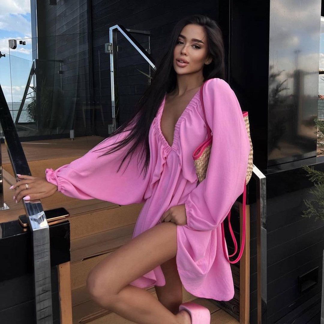 Fashionable V-neck Lantern Sleeve Dress for Women