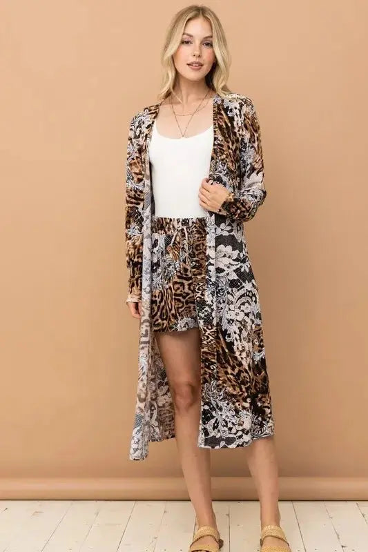 Kimono & Shorts Set - Animal Print - Women's Loungewear