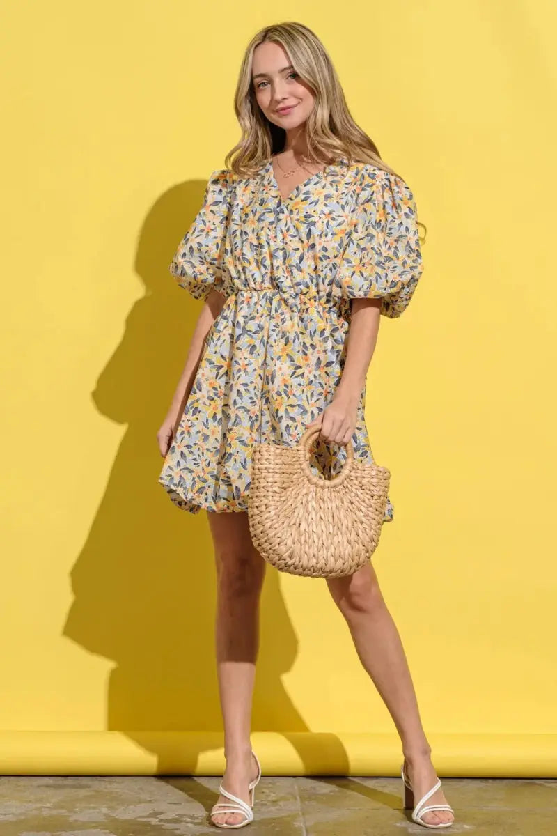 Dresses Trendsi Floral Surplice Puff Sleeve Dress - Full Size, Elegant V-Neck, Long Sleeves, Casual to Formal Wear