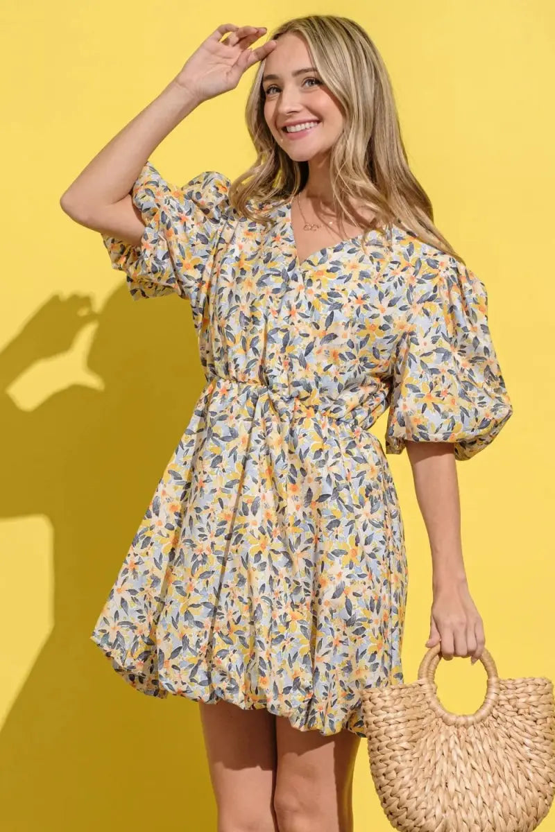 Dresses Trendsi Floral Surplice Puff Sleeve Dress - Full Size, Elegant V-Neck, Long Sleeves, Casual to Formal Wear