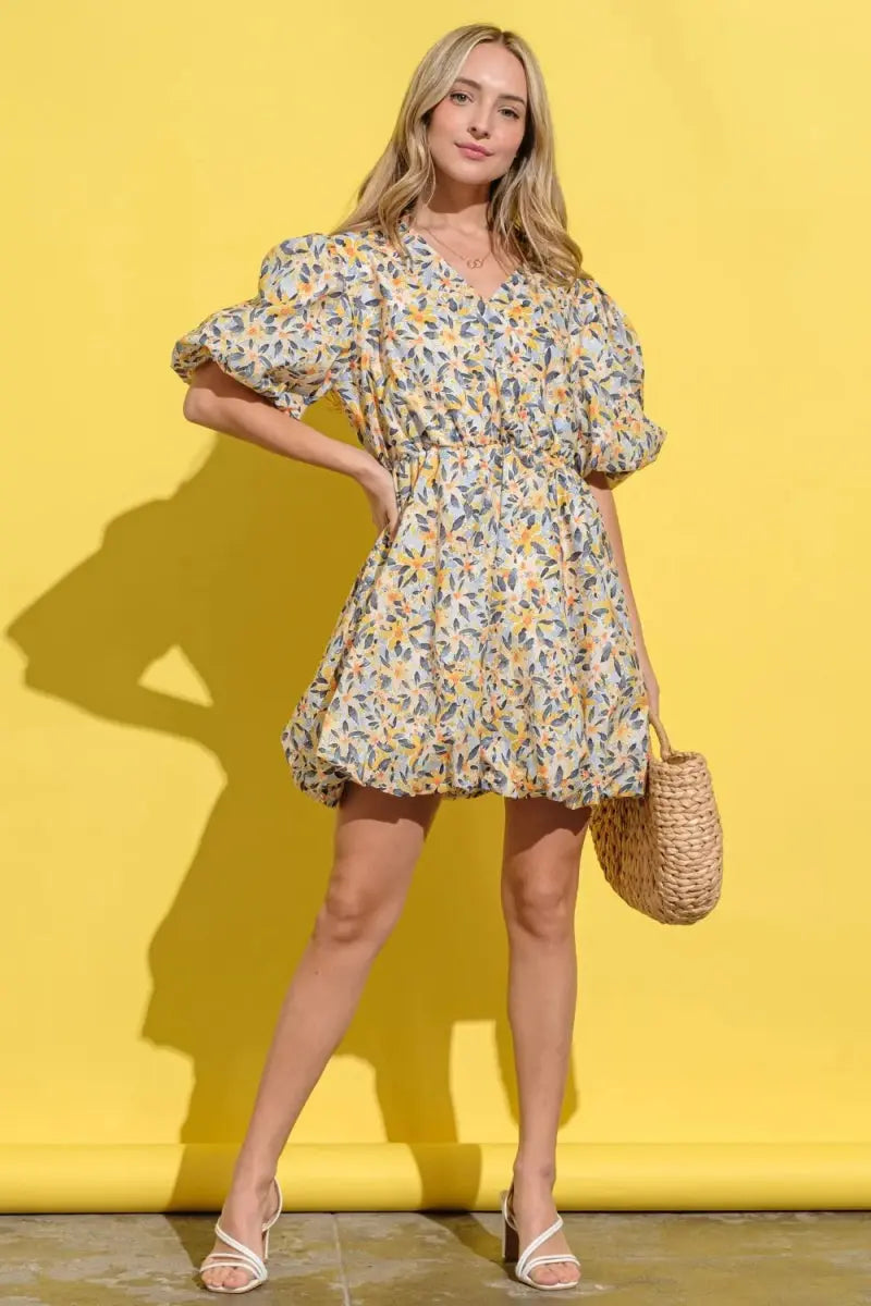 Dresses Trendsi Floral Surplice Puff Sleeve Dress - Full Size, Elegant V-Neck, Long Sleeves, Casual to Formal Wear